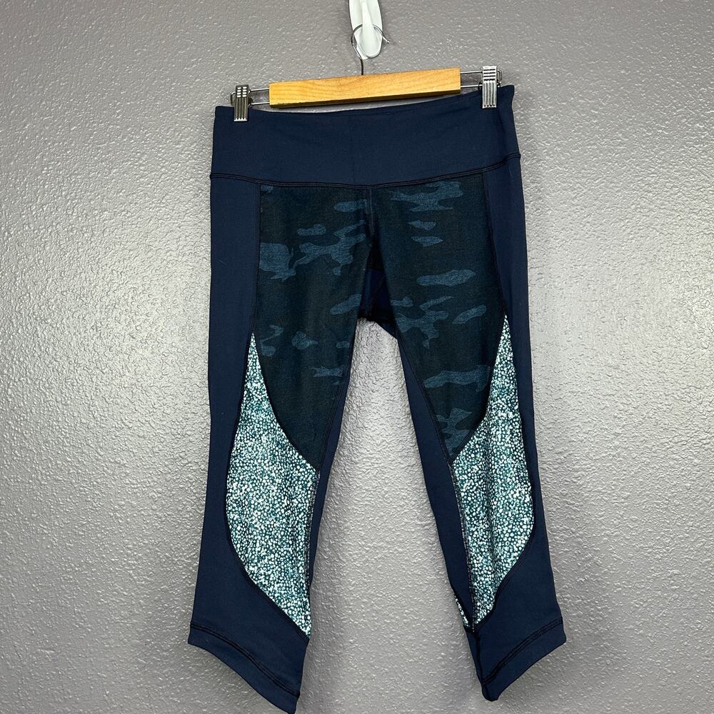 Lululemon Wunder Under Crop Leggings Size 8 Sashiko Cross Inkwell Blue Camo